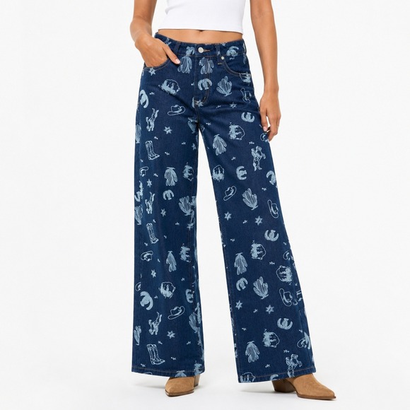 Cali1850 Denim - Cali 1850 Western Print Wide Leg Jeans 1/25 Cowgirl Cactus Rodeo Y2K